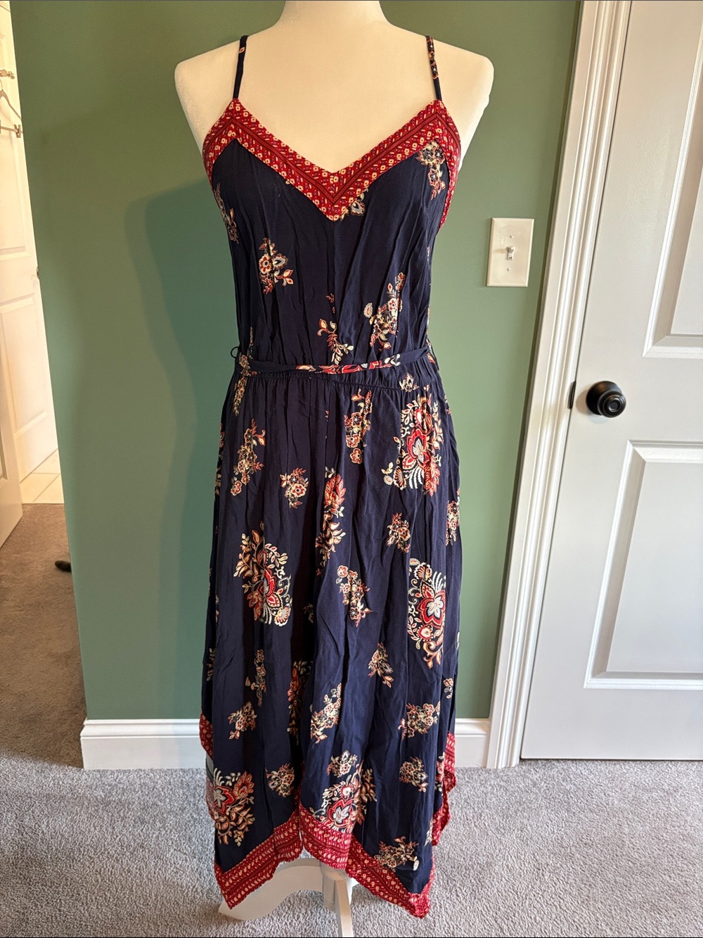Xhilaration Navy Floral Midi Dress with Red Trim